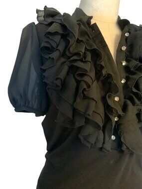 August Silk Petite Black Ruffled Blouse With Sheer Sleeves & chrystal look Butto